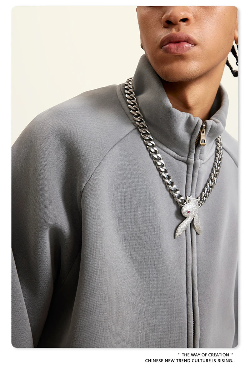 ZODF Retro Winter Men Washed Fleece Zipper Jackets Unisex Loose Oversized 400gsm Raglan Sleeve Coats Streetwears HY0649