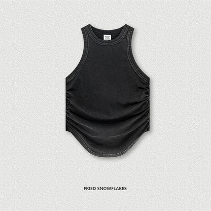 ZODF Women 2024 Summer Washed Tank Tops Female Hotsweet Girls 235gsm Slim Pleated Arc Hem Camisole TEE Streetwears HY0795