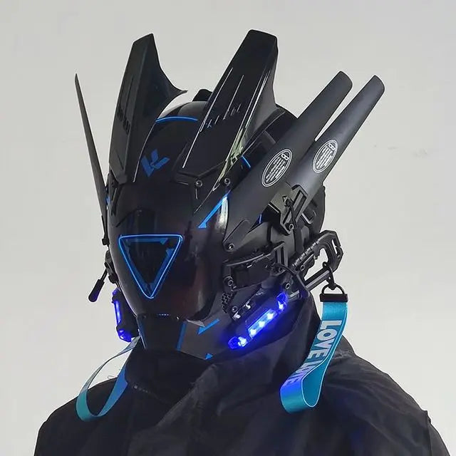 Cyberpunk Helmet Cosplay Mask with LED Light Dreadlocks Braided Wings Shinobi Samurai Style – Birthday & Christmas Gift