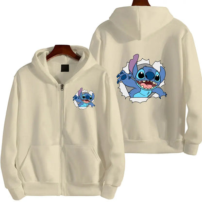 Disney Cute Princess Costume Star and Stitch Women's Oversized Jacket Zipper Hoodie Ladies Winter Warm Loose Outerwear Clothing