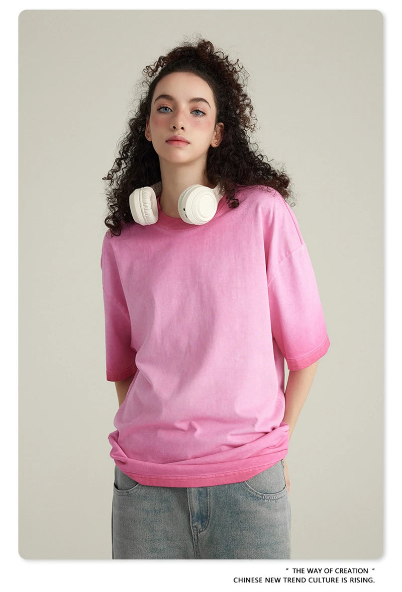 ZODF 2023 Men's Summer 255G Wash Gradient Fried Cotton T Shirt Round Neck Short Sleeve American Retro Loose T-Shirt HY0547