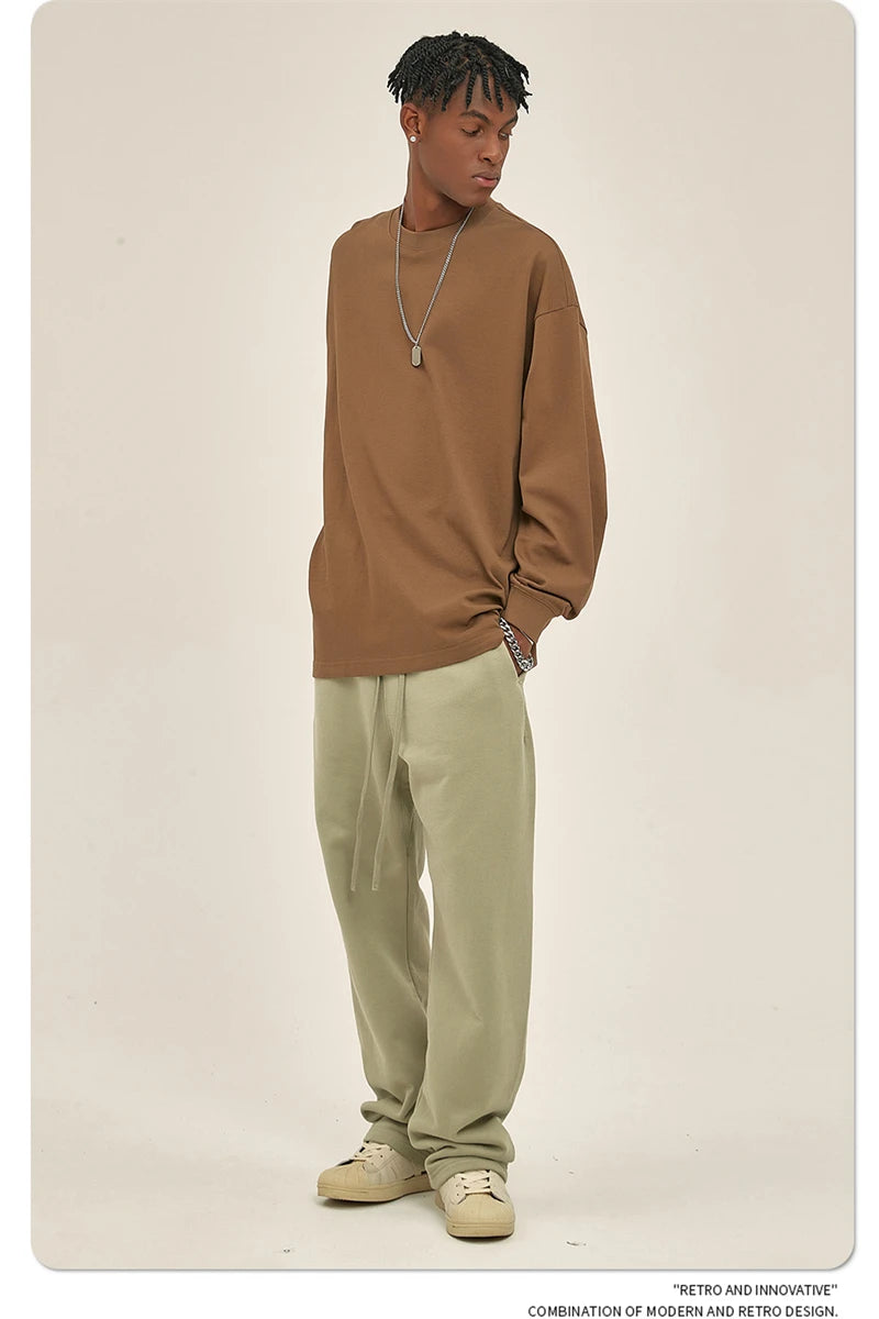 ZODF New 2025 Autumn Men 305gsm 100% Cotton T Shirt Unisex Loose Heavy Weight Basic Long Sleeve Solid T-Shirts Tops HY0634