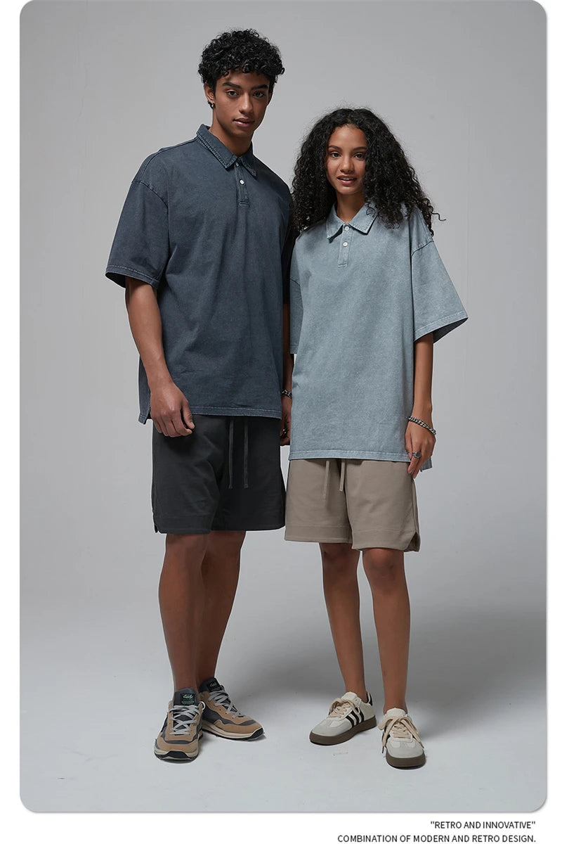 ZODF Summer Men Batik Washed 275gsm Cotton T Shirt Unisex Retro Turn Down Collar Short Sleeve T-shirts Tees HY0533