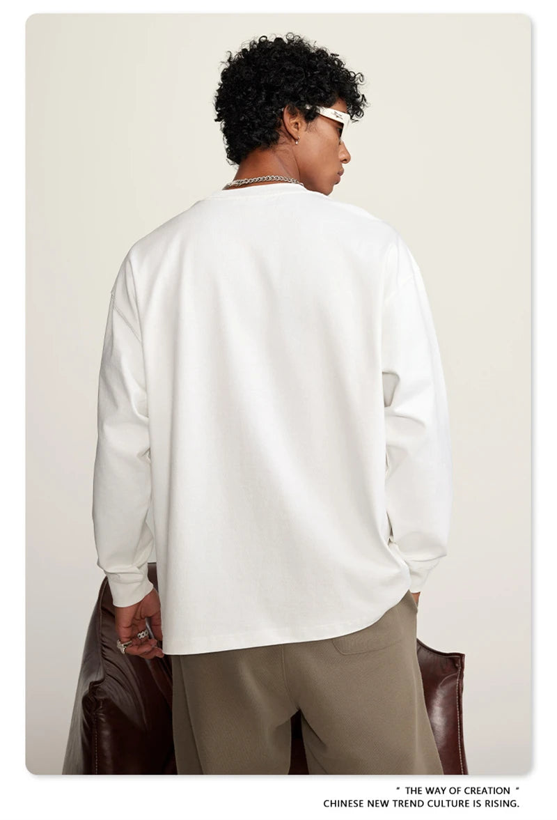 ZODF Autumn Winter 425gsm Long Sleeve T-Shirt American Retro Unisex Loose Heavyweight Basic Cotton T Shirts TEE HY0676