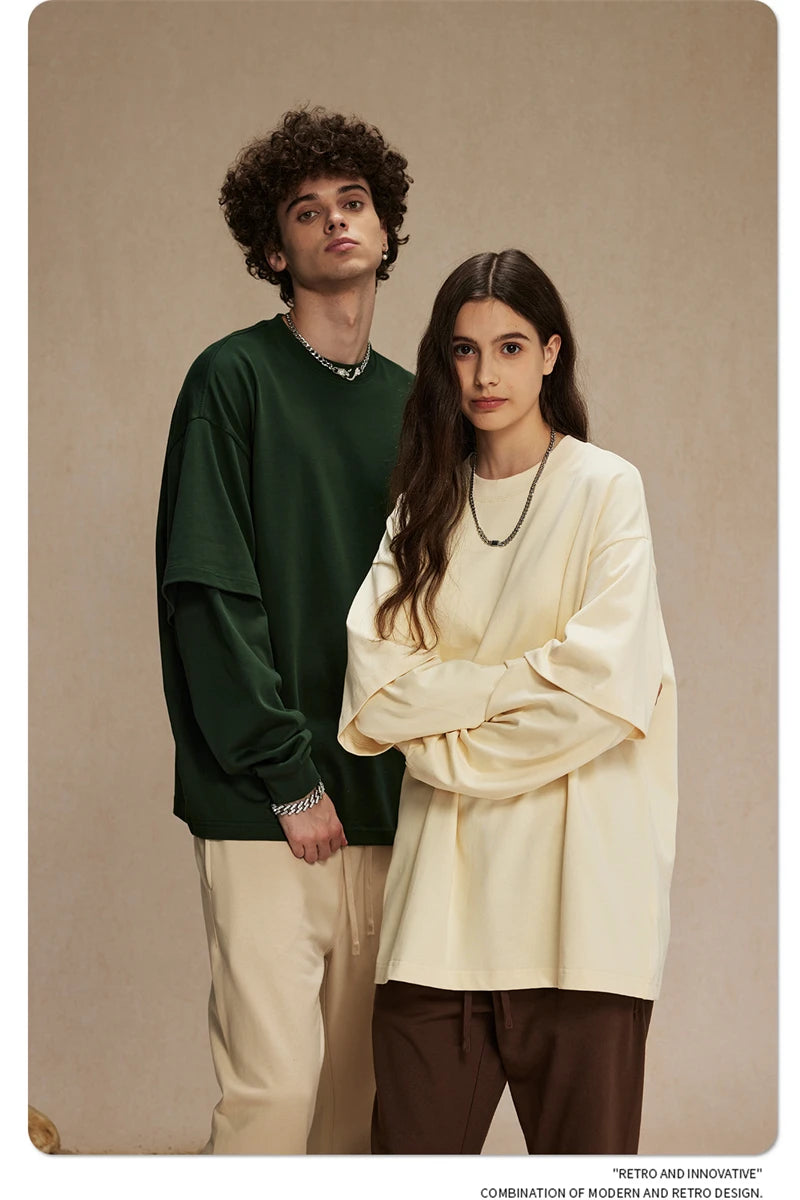 ZODF Fashion Spring Autumn Men 100% Cotton T-Shirt Unisex Fake 2-Piece 305gsm Solid Full Sleeve O Neck T Shirt Brand Tees HY0925