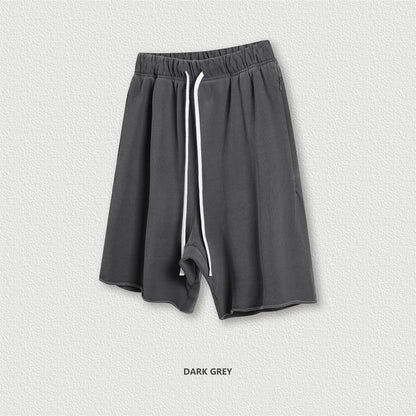 ZODF New Summer Men Retro Washed Shorts Unisex Drawstring Loose Edge 420gsm Solid Knee Length Cotton Pants Streetwears HY0589