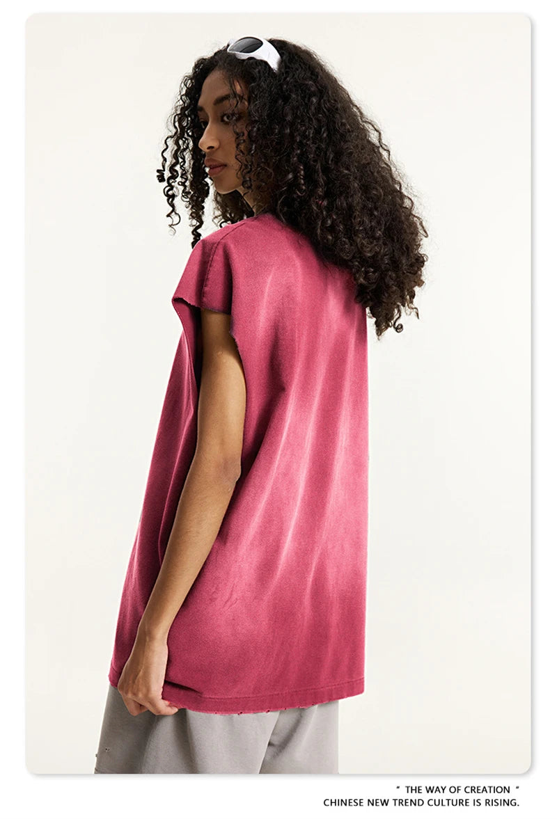 ZODF 2025 Summer 285gsm Washed Tank Tops For Men Unisex American Retro Cut Distressed Oversized Sleeveless TEE Vest HY1006