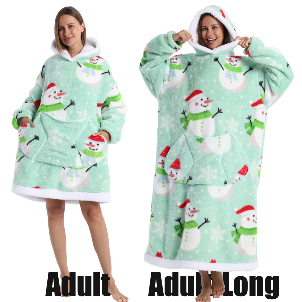 Short/Long Wearable Blankets Christmas Hoodies Winter Flannel Hooded Blanket with Full Sleeves Men Women Warm Adult TV Blanket