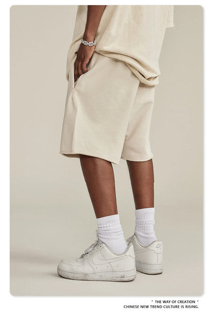 ZODF New Summer Men Retro Washed Shorts Unisex Drawstring Loose Edge 420gsm Solid Knee Length Cotton Pants Streetwears HY0589