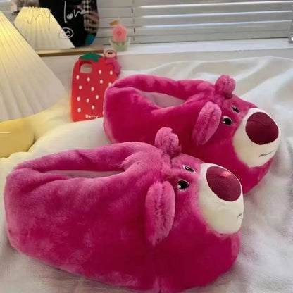 Disney Winter New Cute Cartoon Strawberry Bear Adult Home Cotton Shoes Indoor Floor Plush Warm Cotton Slippers Gift For Girls