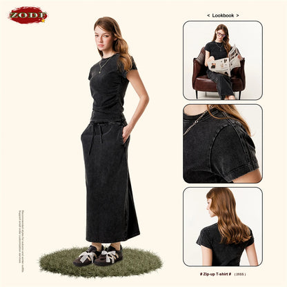 ZODF Retro 2025 Summer Women 285gsm T-Shirts Hotsweet Girls Sexy Slim Fit Washed Distressed T Shirt Brand Tees HY1013