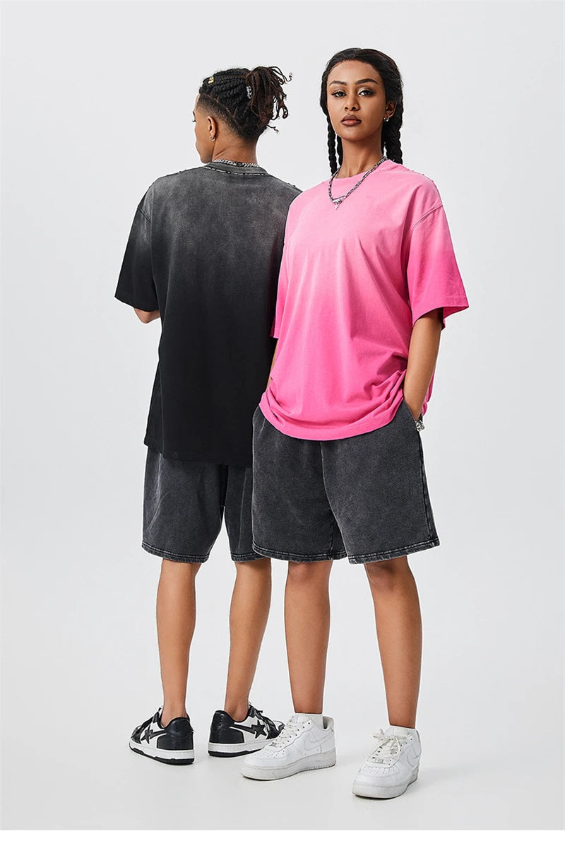 ZODF New Men's Summer Washed Gradient Cotton T-Shirts Unisex Women Retro Distressed 310gsm Ripped T Shirt Brand Tops HY0859