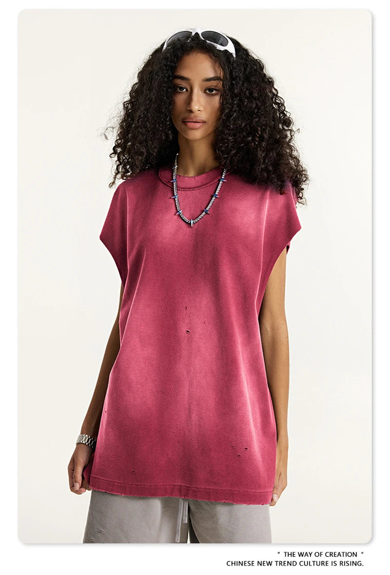 ZODF 2025 Summer 285gsm Washed Tank Tops For Men Unisex American Retro Cut Distressed Oversized Sleeveless TEE Vest HY1006