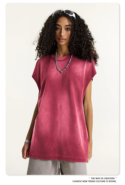 ZODF 2025 Summer 285gsm Washed Tank Tops For Men Unisex American Retro Cut Distressed Oversized Sleeveless TEE Vest HY1006