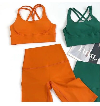 2 Pieces Yoga Shorts Gym Sports Sets Women Fitness Suits Cross Back Bra Top High Waist Shorts Running Workout Clothes Tracksuit