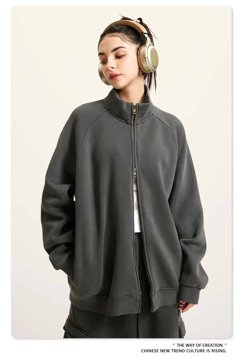 ZODF Retro Winter Men Washed Fleece Zipper Jackets Unisex Loose Oversized 400gsm Raglan Sleeve Coats Streetwears HY0649