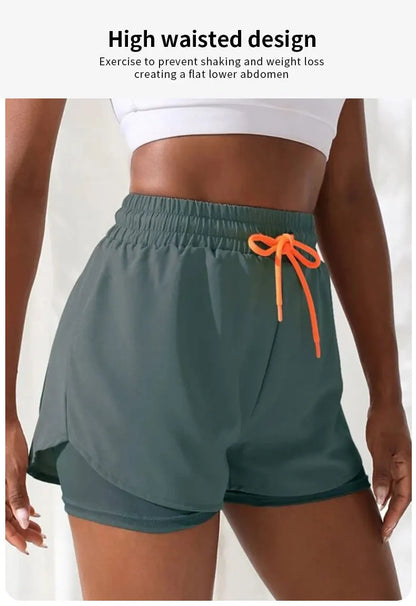 Women’s High Rise Elastic Waist Yoga Shorts with Fake Two-Piece Design for Running