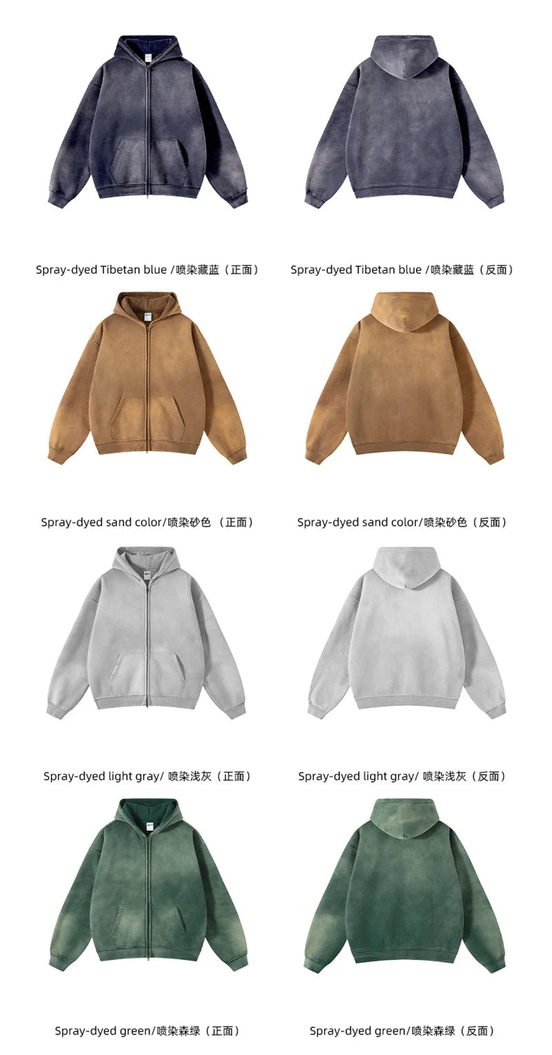 ZODF Retro Winter Men Spray-Dyed Zipper Hoodies Unisex Loose 360gsm Zipper Fleece Hooded Sweatshirt Pullovers Coats HY0719