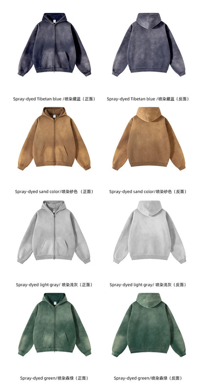 ZODF Retro Winter Men Spray-Dyed Zipper Hoodies Unisex Loose 360gsm Zipper Fleece Hooded Sweatshirt Pullovers Coats HY0719
