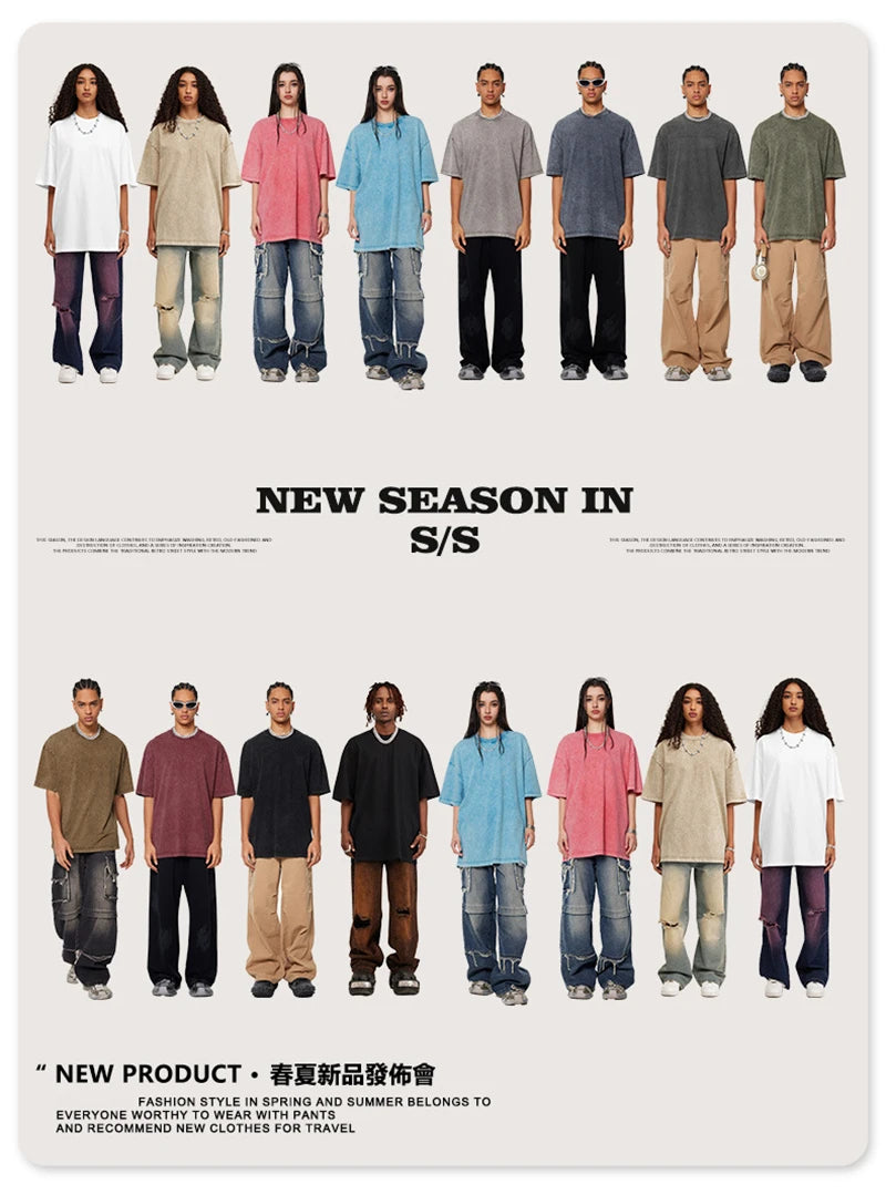 ZODF New Summer Men Washed Batik Cotton T Shirts Unisex American Retro High Street 270gsm Short Sleeve Tees Streetwear HY0489