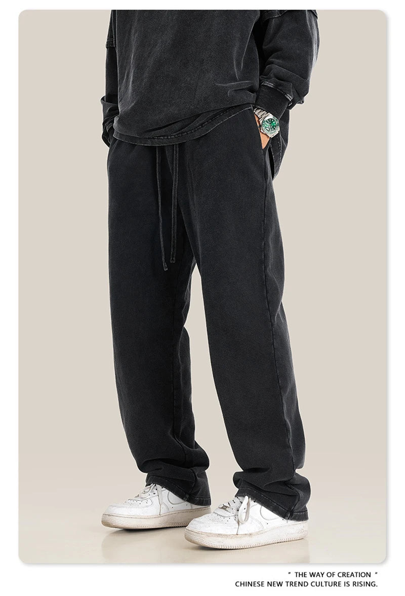 ZODF Retro Men Autumn Washed 380gsm Cotton Unisex High Street Oversized Solid Sport Straight Pants HY0885