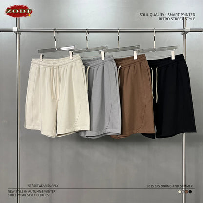 ZODF Trendy 2025 Men Summer Patchwork 345gsm Shorts Unisex Casual High Street Loose Fit Sport Solid Shorts Streetwears HY1053
