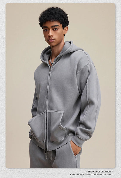 ZODF Retro 2025 Autumn Winter Unisex Zipper Fleece Hoodie 400gsm Washed Batik Warm Hooded Coat HY1084