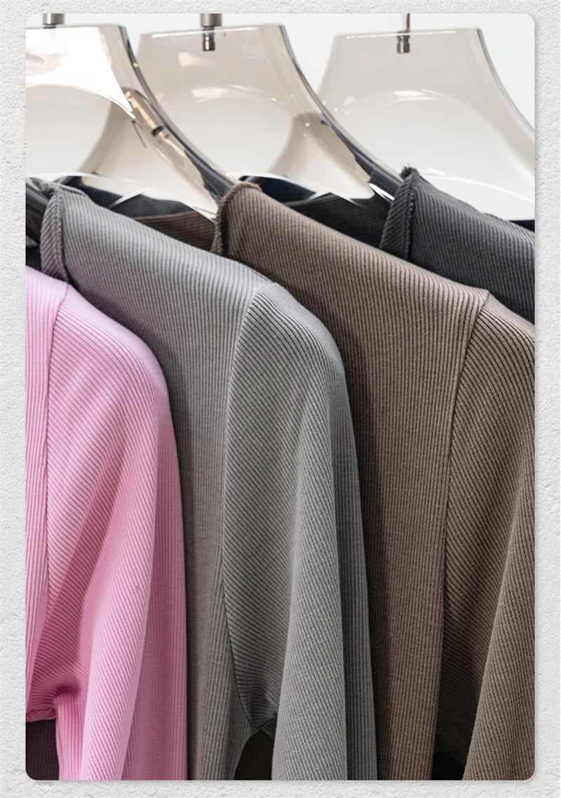 ZODF Retro Sexy Women Autumn Washed 275gsm T Shirt Ladies Girls Distressed Side Pleated Full Sleeve T-Shirts Tees HY1107