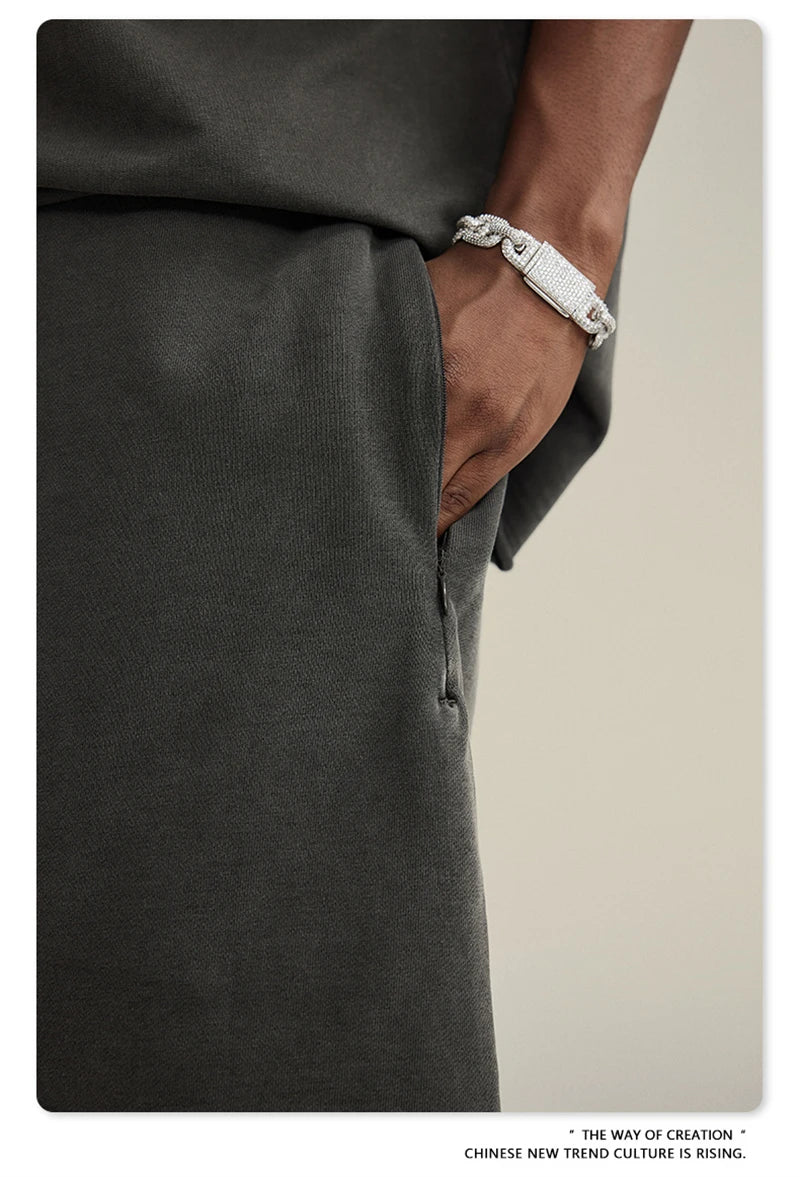 ZODF New Summer Men Retro Washed Shorts Unisex Drawstring Loose Edge 420gsm Solid Knee Length Cotton Pants Streetwears HY0589