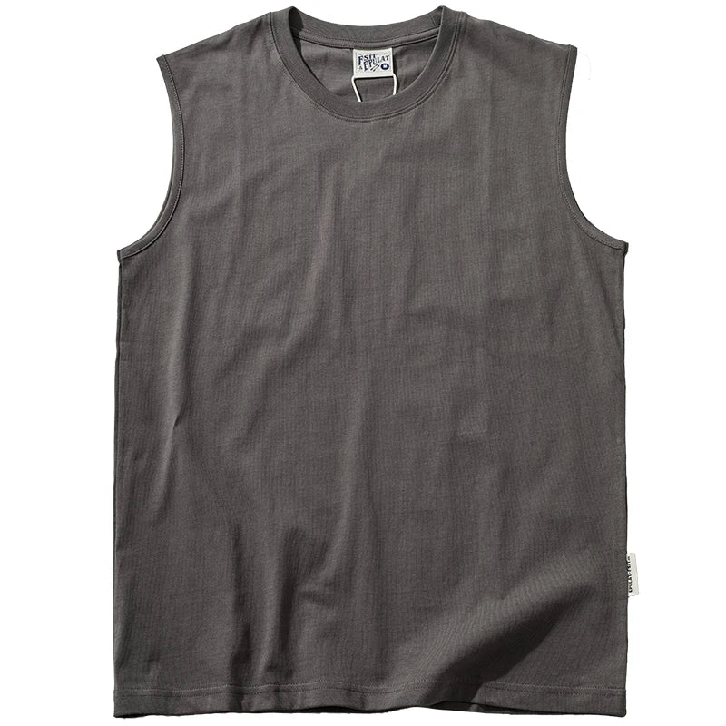 Summer New American Retro Sleeveless O-neck Soild Color T-shirt Men's Fashion 100% Cotton Washed Old Casual Sports Vest Tops