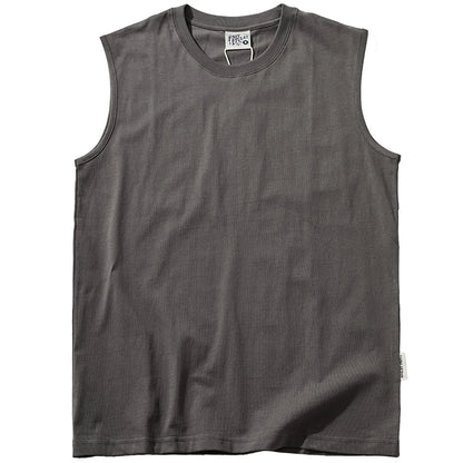 Summer New American Retro Sleeveless O-neck Soild Color T-shirt Men's Fashion 100% Cotton Washed Old Casual Sports Vest Tops