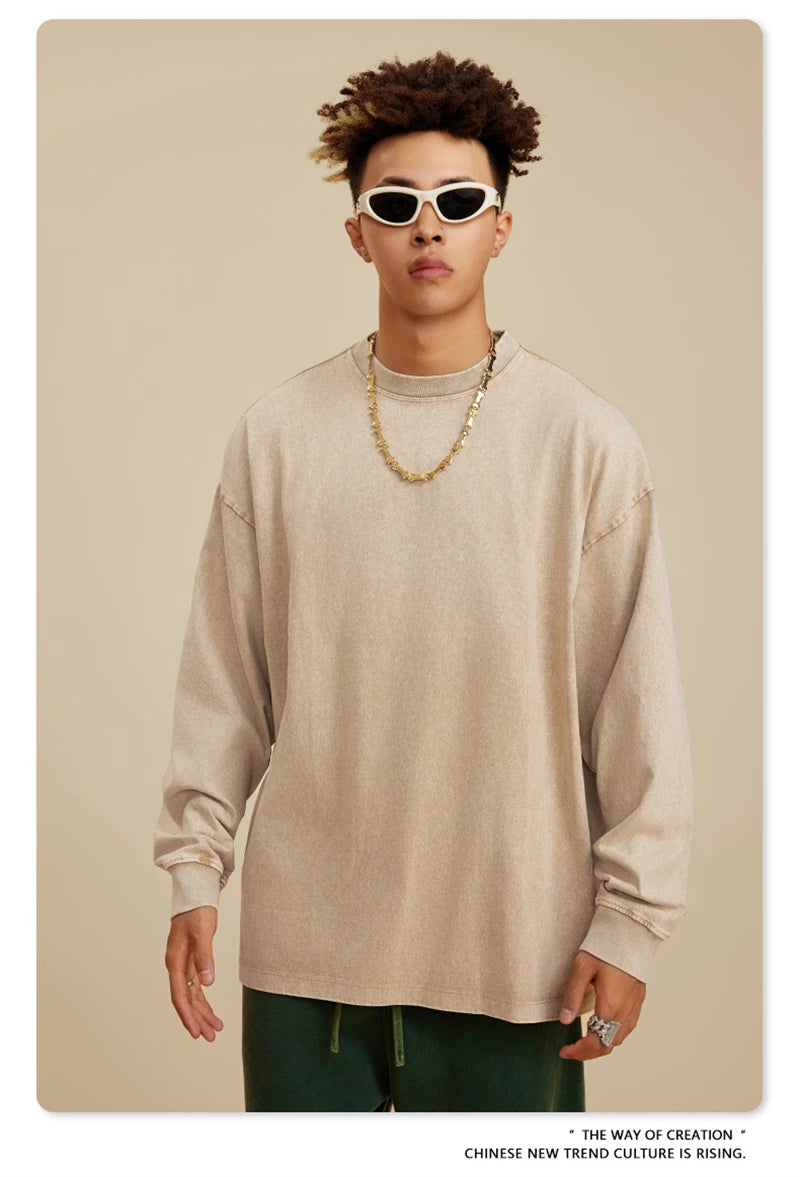 ZODF Retro 2025 Men Autumn Batik Washed T Shirt Unisex Oversized Basic Long Sleeve Solid 270gsm Cotton T-Shirts Tees HY0641