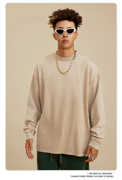 ZODF Retro 2025 Men Autumn Batik Washed T Shirt Unisex Oversized Basic Long Sleeve Solid 270gsm Cotton T-Shirts Tees HY0641