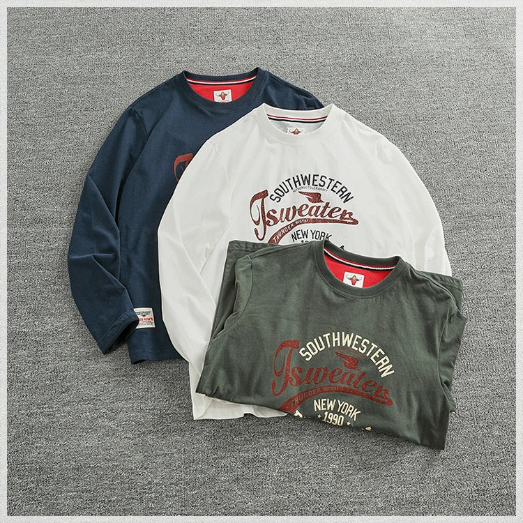 Autumn New American Retro Long-sleeved O-neck Letter Printed T-shirt Men's Fashion Simple 100% Cotton Washed Casual Sport Tops