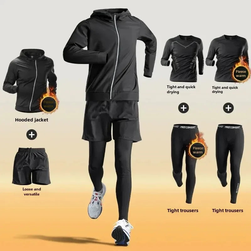 Men’s Winter Fleece-Lined Quick-Dry Warm-Up Sports Set for Running Cycling Fitness Training - 6-pcs set / M