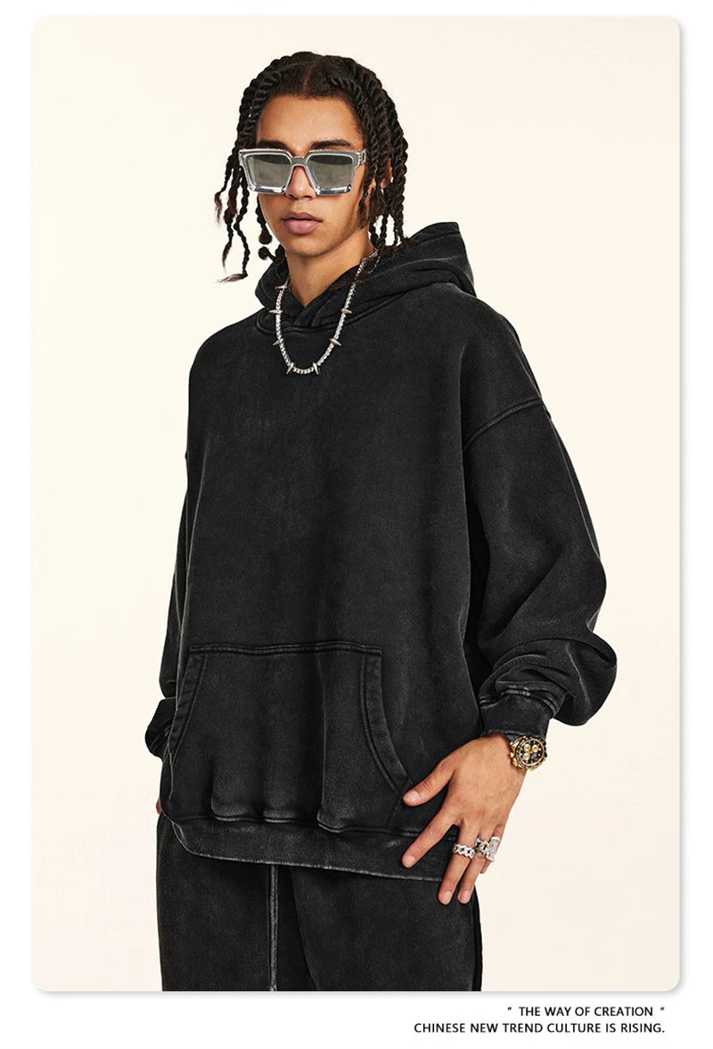 ZODF Retro Men’s Winter Washed Fleece Hoodie 360gsm Warm Knitted Loose Hooded Pullover Streetwear HY0887