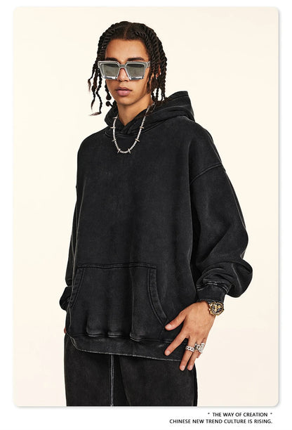 ZODF Retro Men’s Winter Washed Fleece Hoodie 360gsm Warm Knitted Loose Hooded Pullover Streetwear HY0887