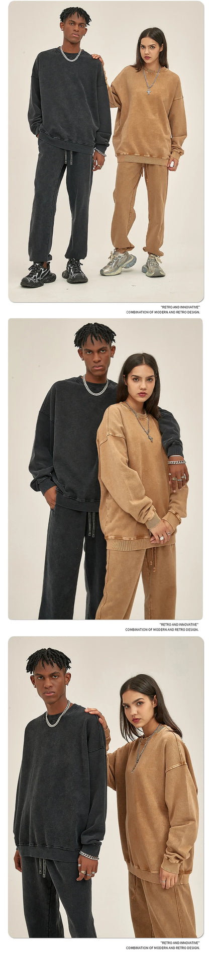 ZODF Retro Autumn Men Batik Washed Cotton Sweatshirts Unisex Loose 420gsm Terry O Neck Pullovers Streetwears HY0665