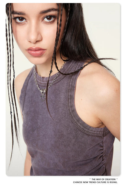 ZODF Women 2024 Summer Washed Tank Tops Female Hotsweet Girls 235gsm Slim Pleated Arc Hem Camisole TEE Streetwears HY0795