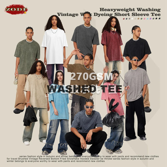 ZODF New Summer Men Washed Batik Cotton T Shirts Unisex American Retro High Street 270gsm Short Sleeve Tees Streetwear HY0489