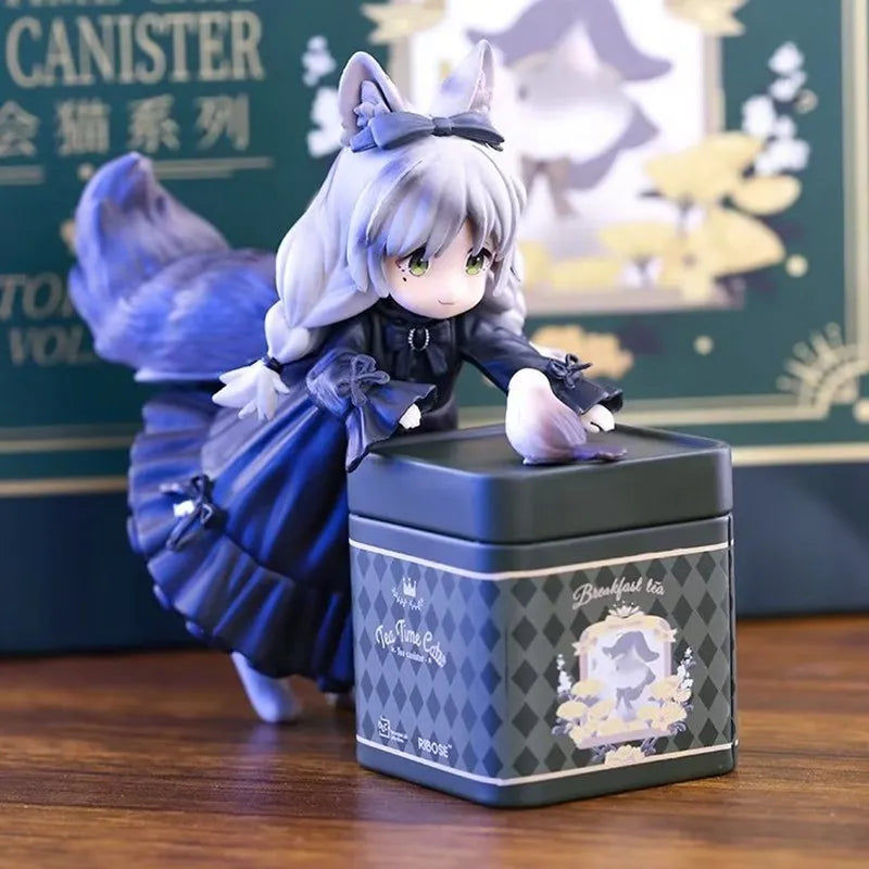 12cm Tea Party Cat Anime Figure Q Version Kawaii Tea Time Cats Tea Pot Cat Action Figure Collection Model Japanese Dolls Hobbies