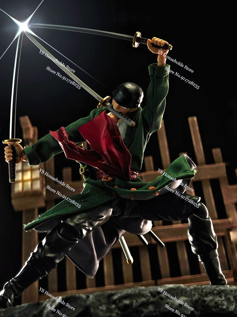 1/12 Anime One Piece Roronoa Zoro Man Soldier Mini Hemline Long Black Green Windbreaker Coat Toys Accessory For 6" Shf Figure