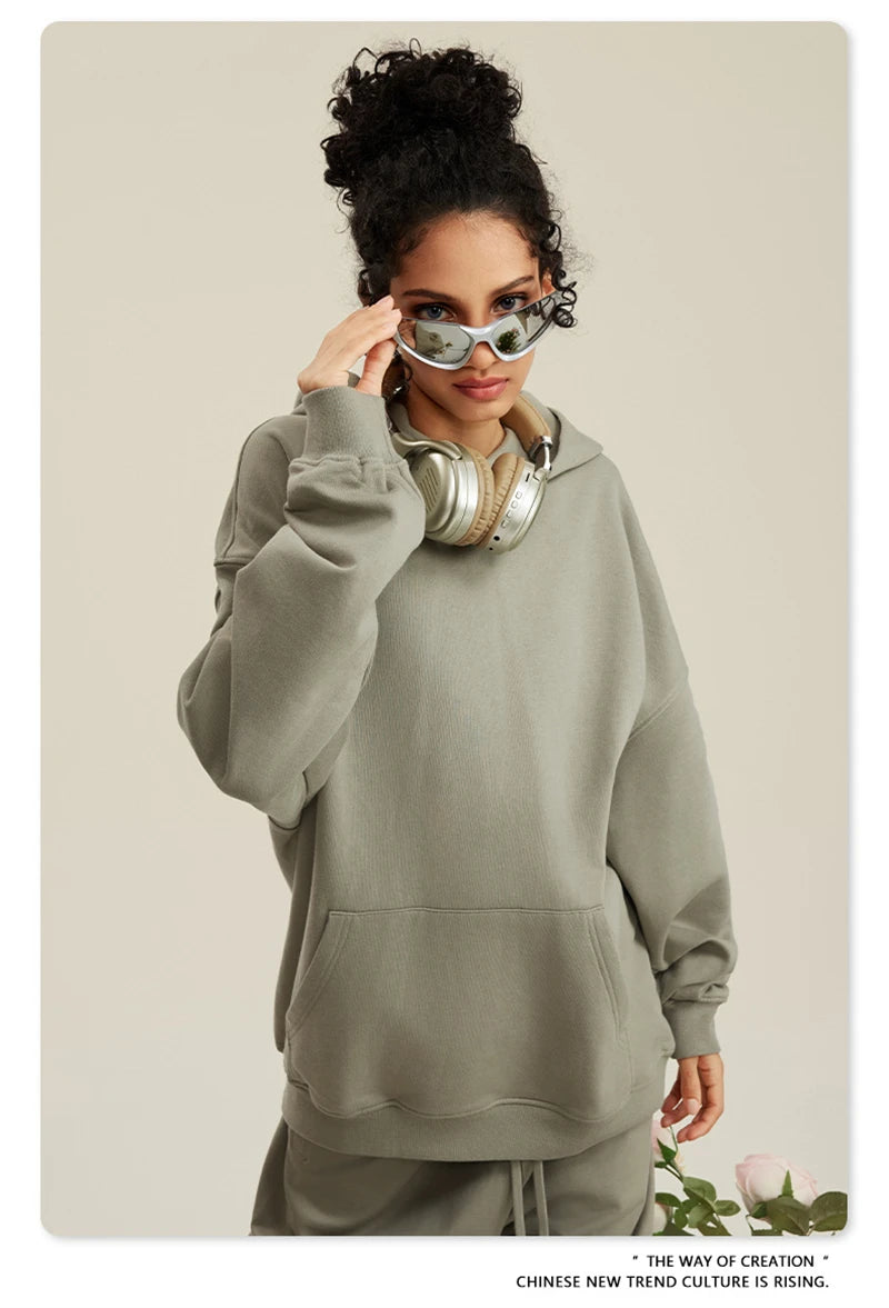 ZODF New Winter 440gsm Terry Hooded Hoodies For Men Retro Unisex Couple Loose Oversized Solid Pullovers Streetwears HY0664