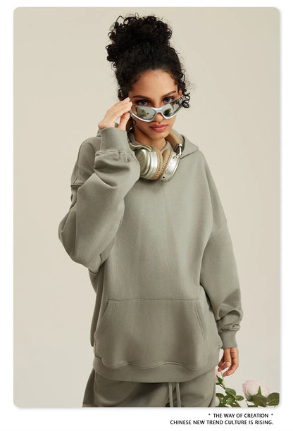 ZODF New Winter 440gsm Terry Hooded Hoodies For Men Retro Unisex Couple Loose Oversized Solid Pullovers Streetwears HY0664