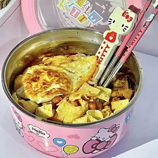 Hellokitty Stainless Steel Ramen Bowl With Lid Cute Japanese Large Instant Noodles Fruit Salad Rice Soup Bowl Kitchen Tableware