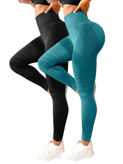 2 Pieces Women’s Push Up Workout Leggings Seamless Scrunch Butt Gym Pants - Black Green / S