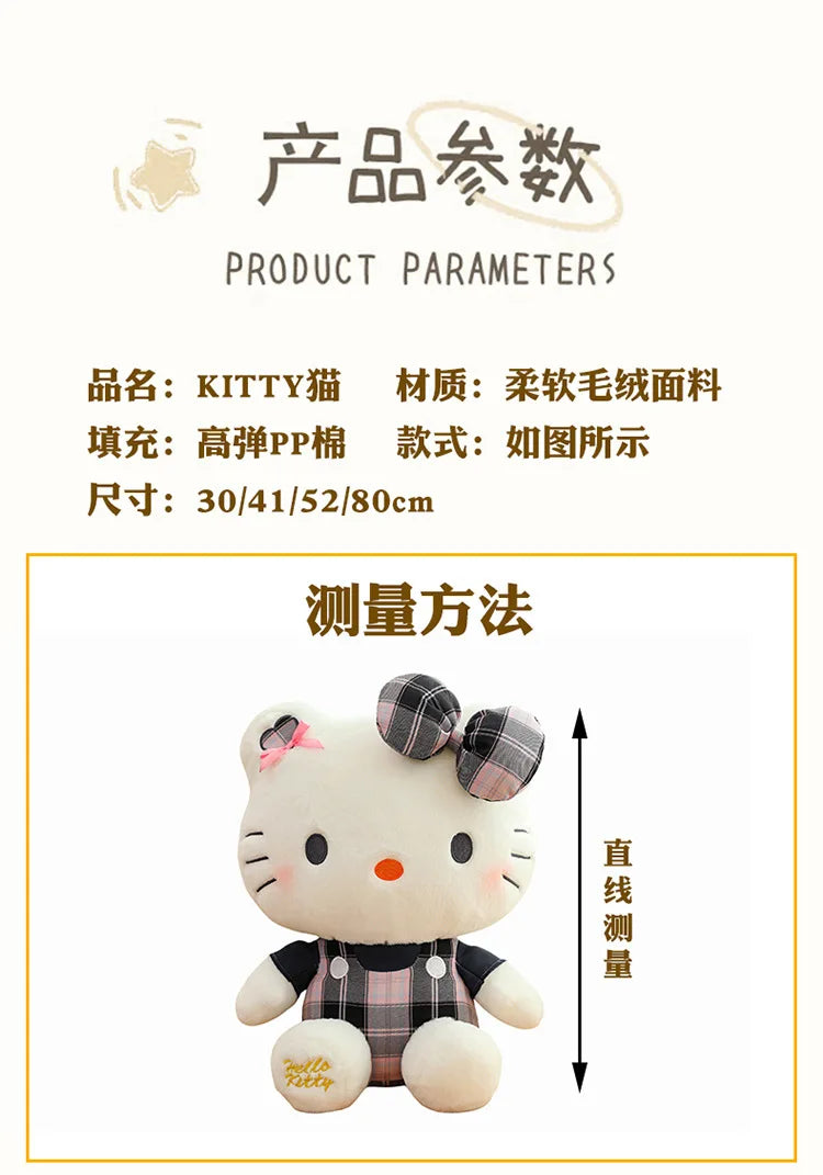Sanrio Hello Kitty Plush Toy Retro Plaid Skirt Kitty Doll Stuffed Animal Creative Gift for Kids Birthday Christmas Girls Pillow