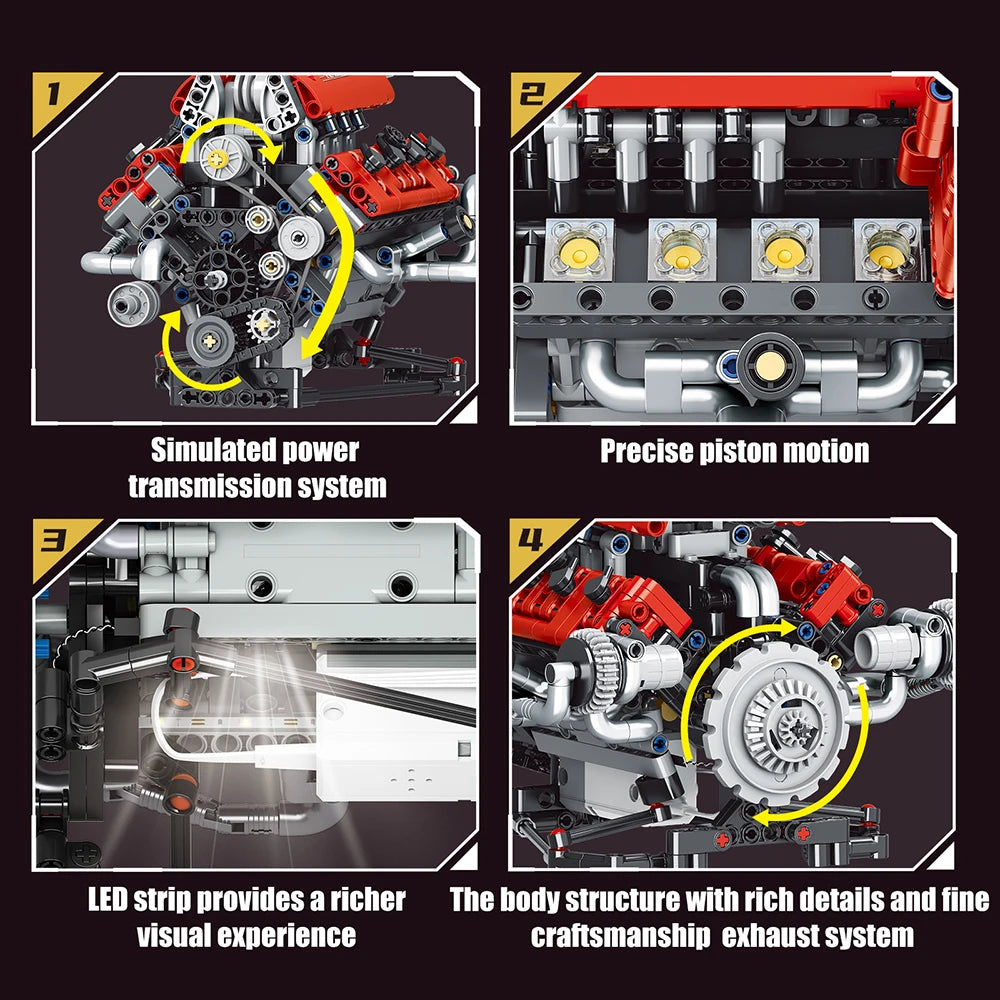 NEW Creative V8 Engine Model Set Building Block Technical Cars With LED Light Assembly Bricks Toys Decor Kids Christmas Gifts