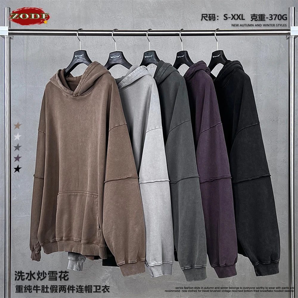 ZODF Vintage 2025 Autumn 370gsm Fake 2-Piece Hoodies For Man Unisex Washed Fire Snowflake Hooded Pullovers Terry Coats HY1108