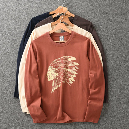 Autumn New American Retro Long Sleeve O-neck Indian Printed T-shirt Men's Fashion 100% Cotton Washed Casual Bottoming Tops